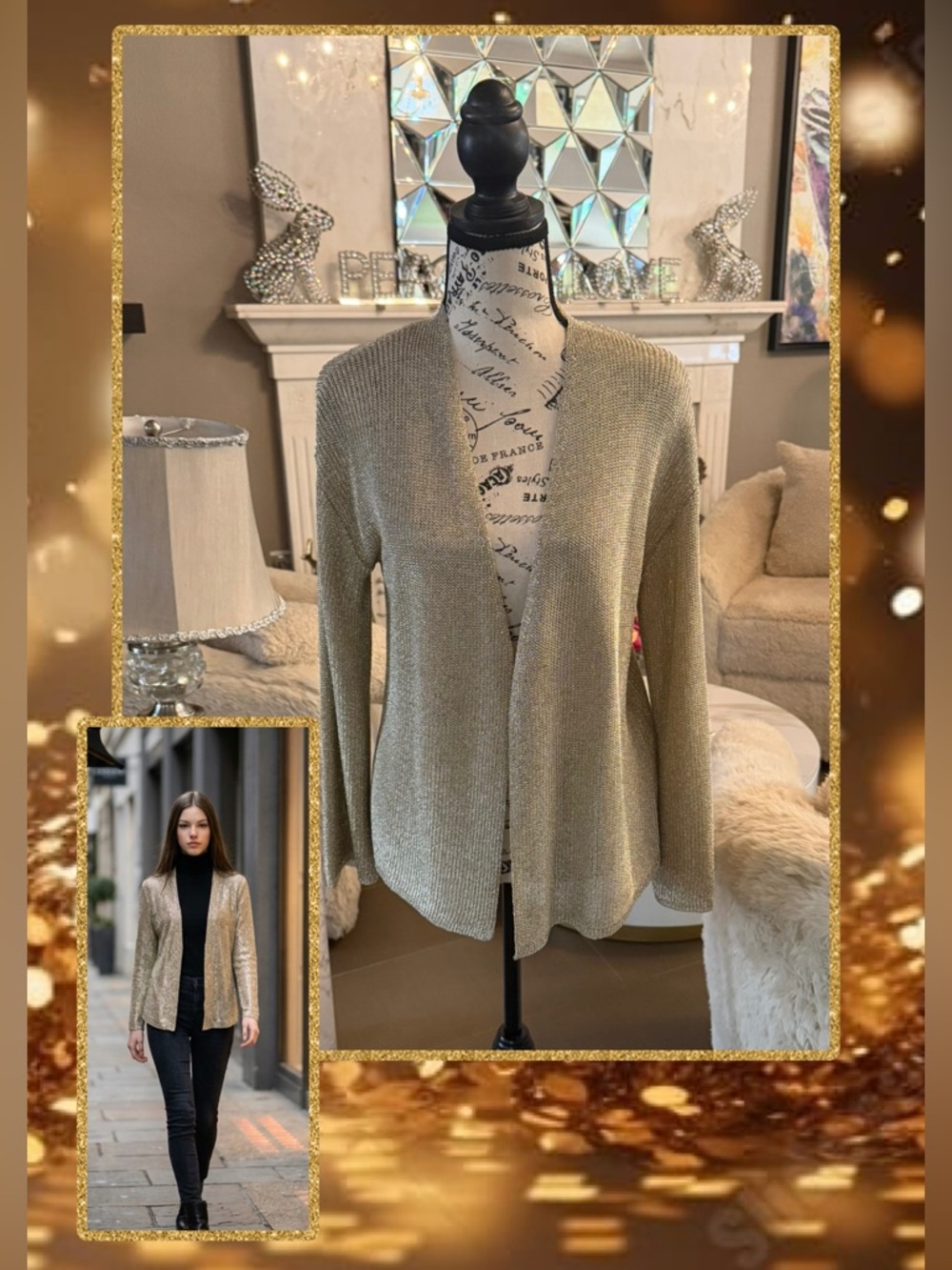 Donna Karan Metallic Gold Open-Front Knit Cardigan